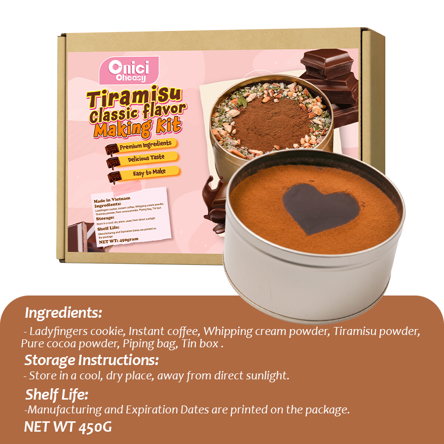 Tiramisu making kit with ingredients and storage instructions displayed.