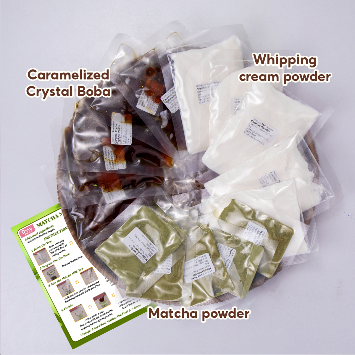 Packages of caramelized crystal boba, whipping cream powder, and matcha powder 